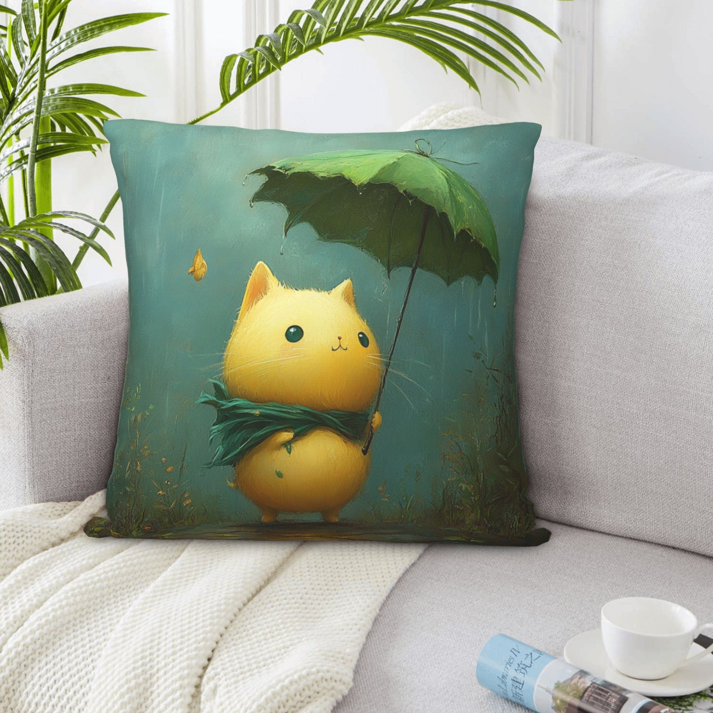 Rainy Day Cat Cushion Cover | Adorable Cartoon Design | Home Décor | Multiple Sizes Available