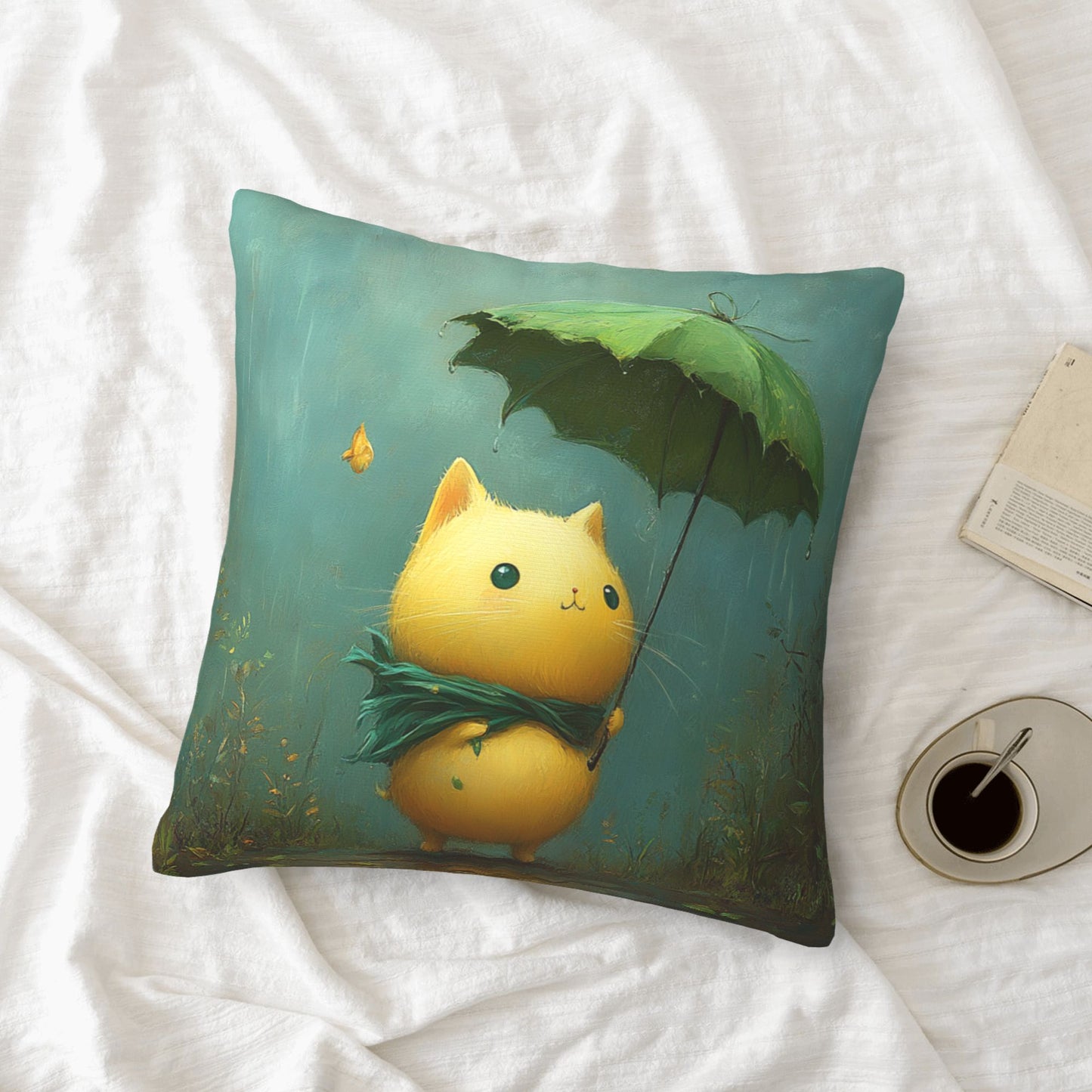 Rainy Day Cat Cushion Cover | Adorable Cartoon Design | Home Décor | Multiple Sizes Available