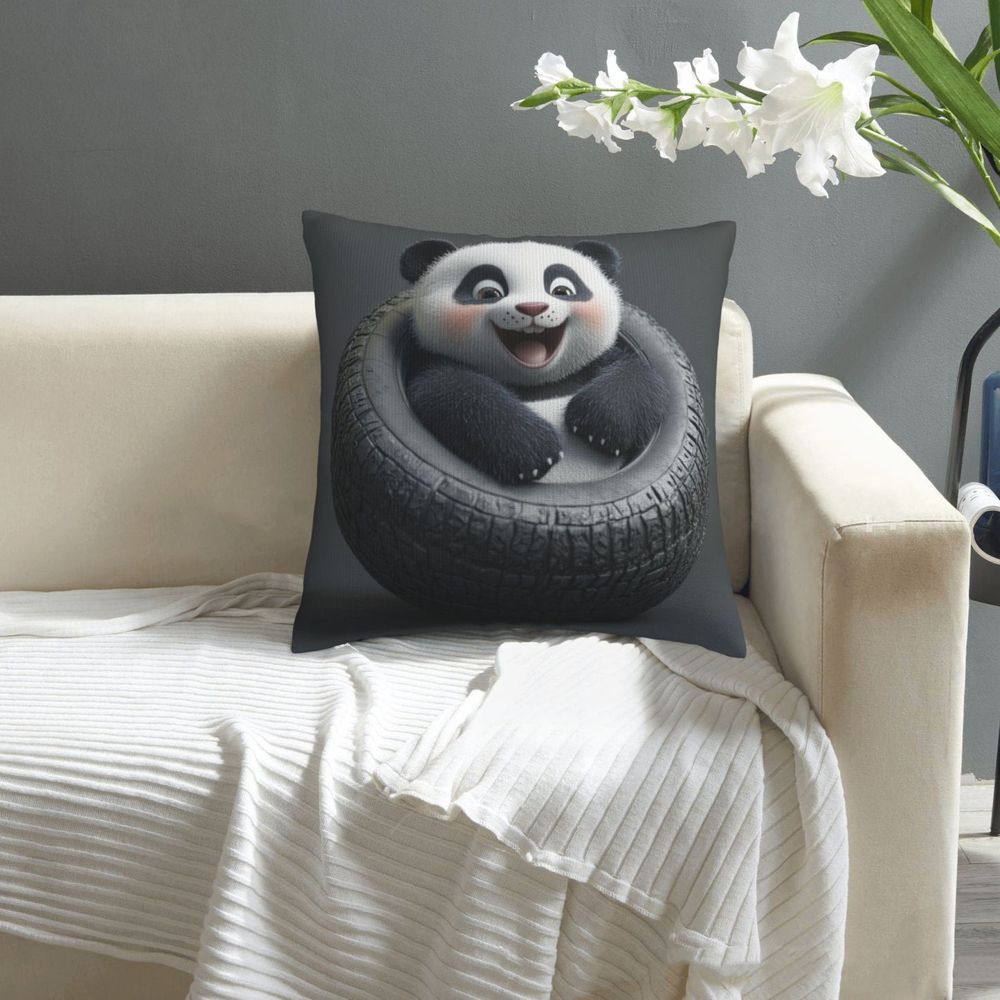 Adorable Panda in Tire Pillow - Fun Cartoon Home Decor